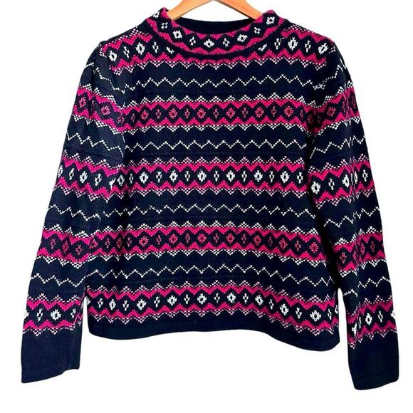 LizSport Women M Fair Isle Sweater Black Red Pink Wool Blend Retro Holiday Knit - Picture 1 of 8